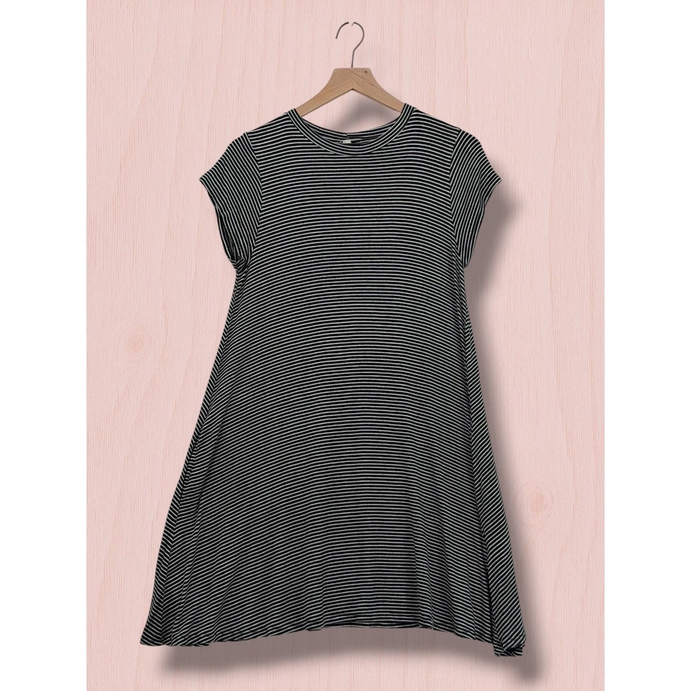 Elan Striped Knit Swing T-Shirt Dress Black White Small